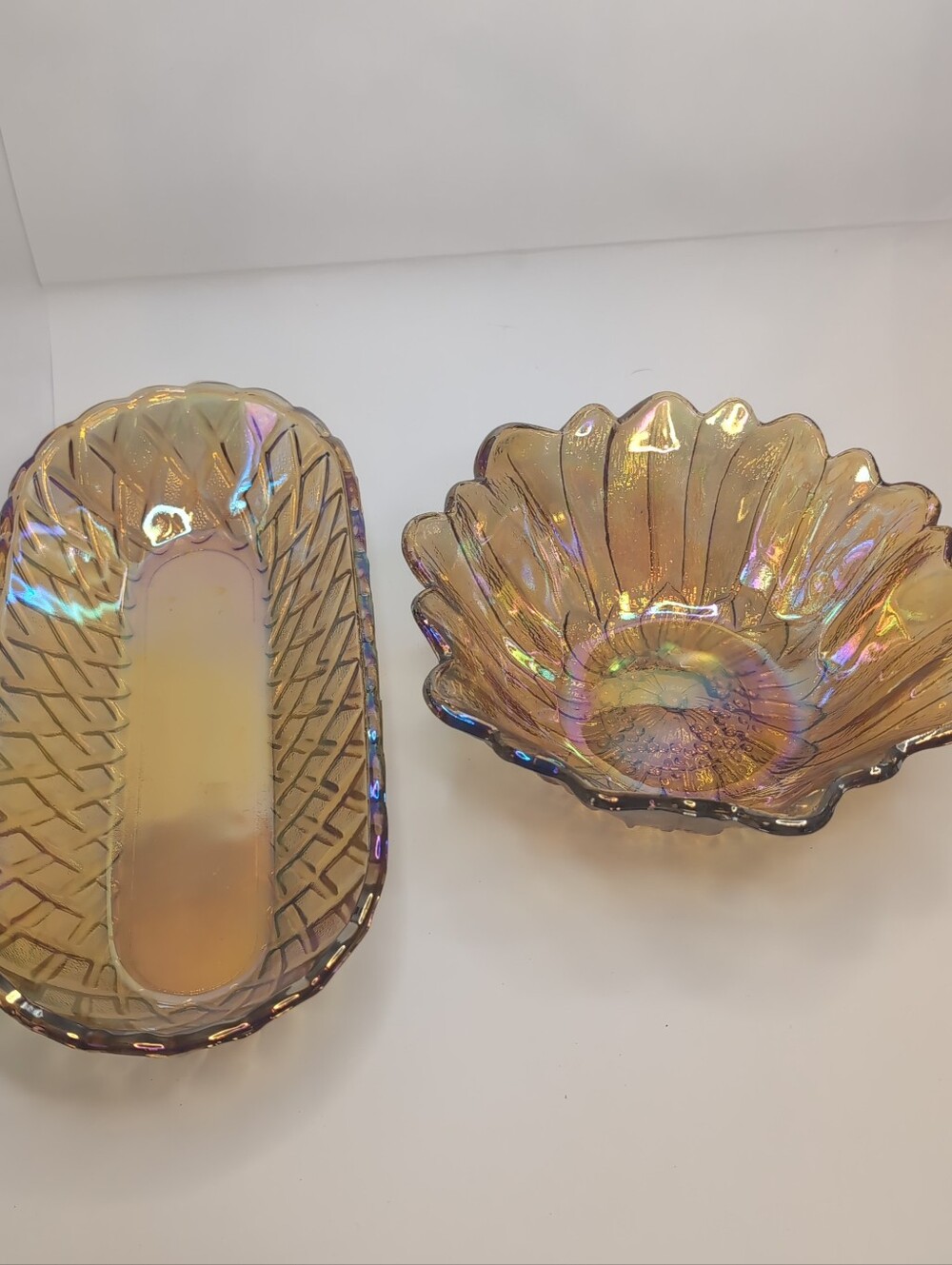 Vintage Indiana Amber Colored Carnival Glass. Pretzel Pattern Oval Dish + Flower